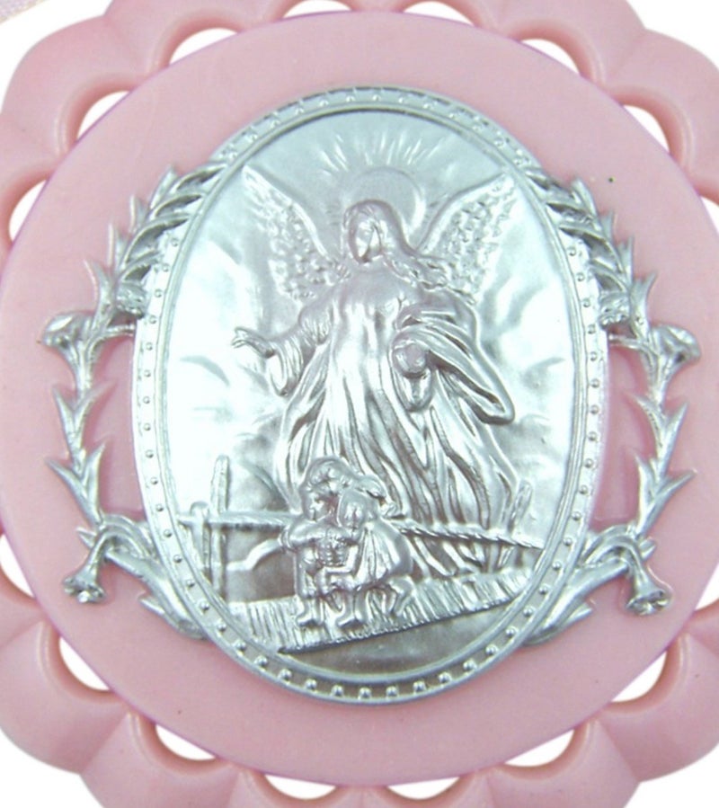 WJH Moulded Acrylic Pink Crib Medal with Guardian Angel for Baby Girl Nursery Decor, 3 1/2 Inch - Image 3